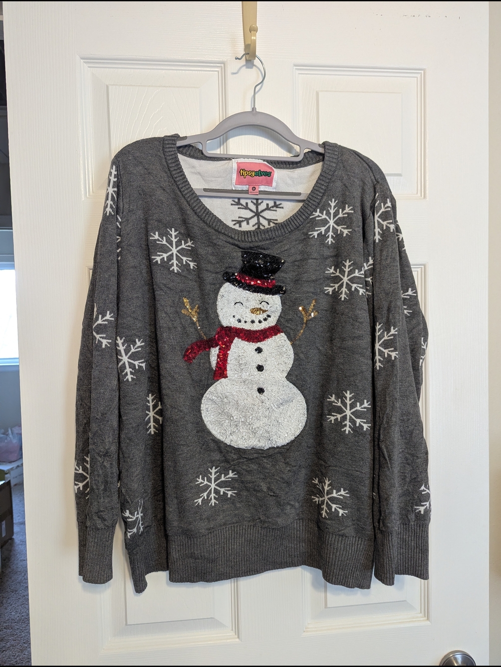 Tipsy Elves Gray Snowman Sequin Crewneck Sweater